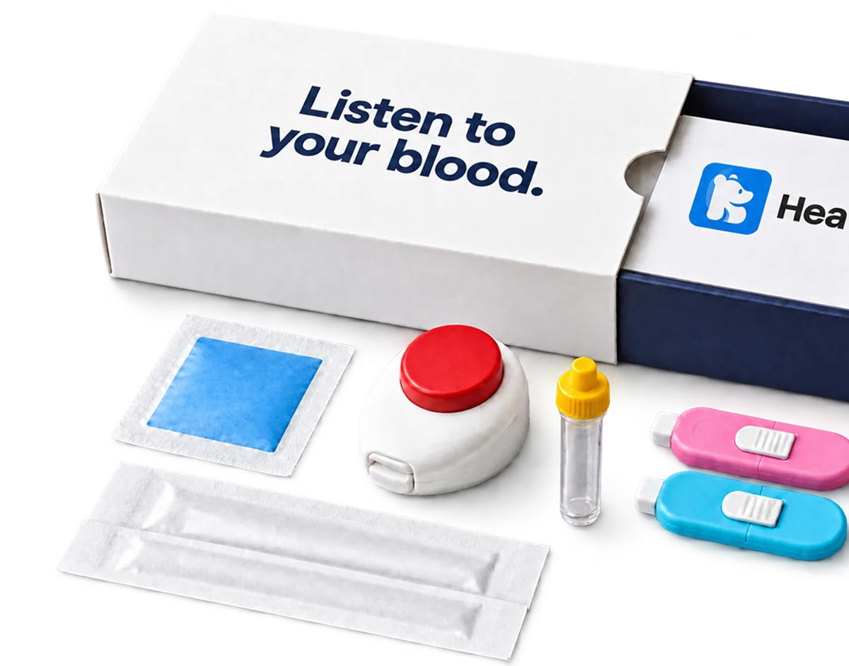 The Hea home blood test kit: box, lancets, collection tube, plaster and wipe